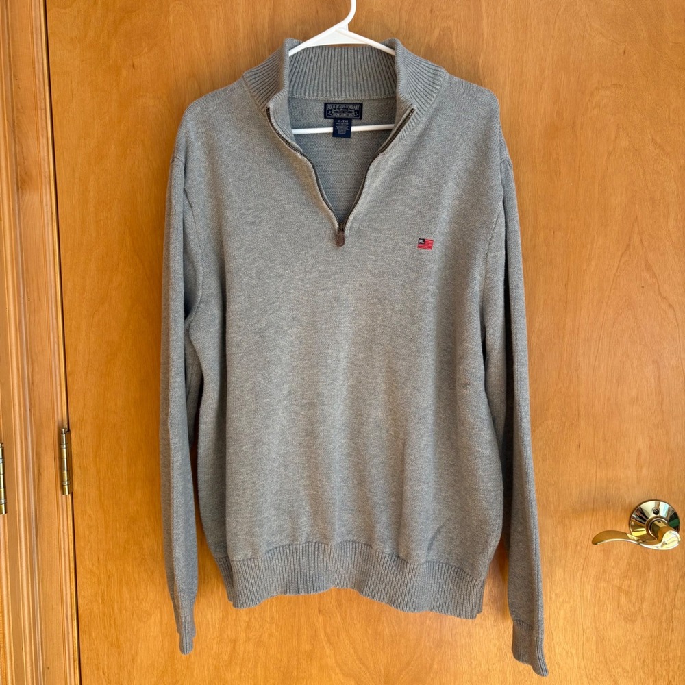 Polo Jeans Company Ralph Lauren Mens XL Gray Cotton 1/4‎ Zip Sweater Flag Logo